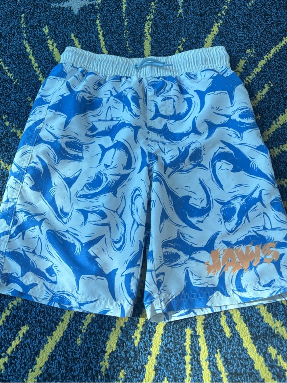 Boys' Blue jaws Shark-Print Swim Shorts large